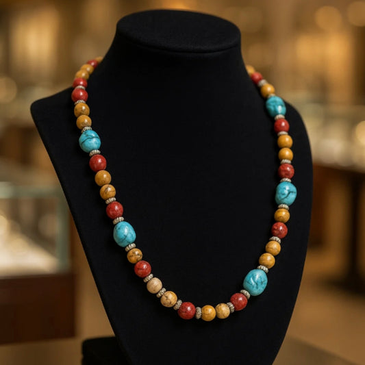 Handmade Boho Turquoise Coral Jasper Necklace – 20″ Earthy Gemstone Statement