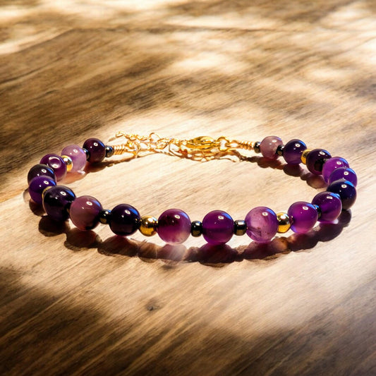 Amethyst Beaded Bracelet with Gold Accents – Handmade Boho Chic Jewelry on Gold-Filled Chain