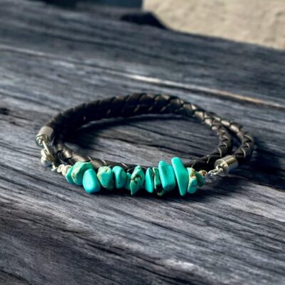 Turquoise Howlite and Double Wrap Braided Leather Bracelet